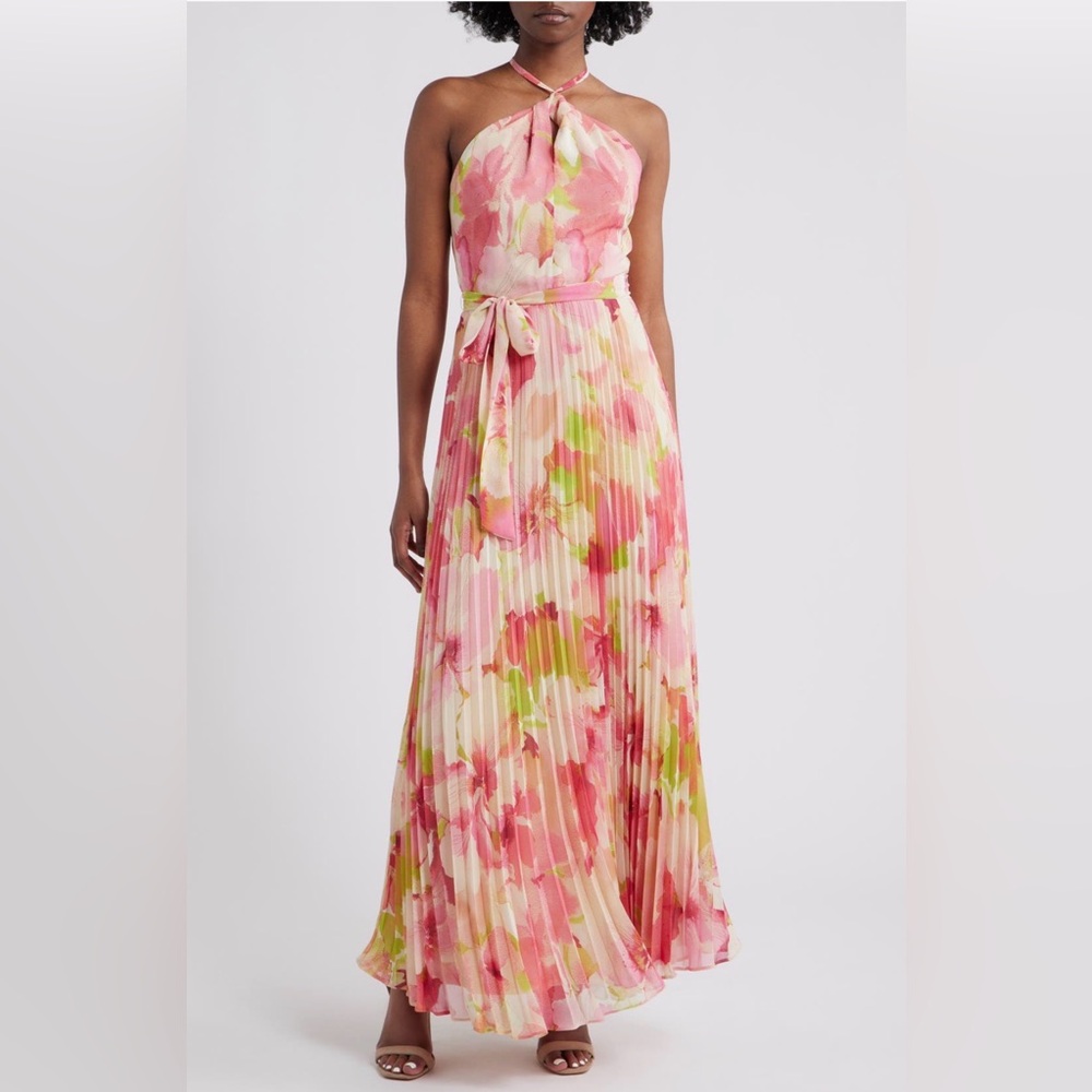 Floral Pleated Maxi Dress in Pink and Cream